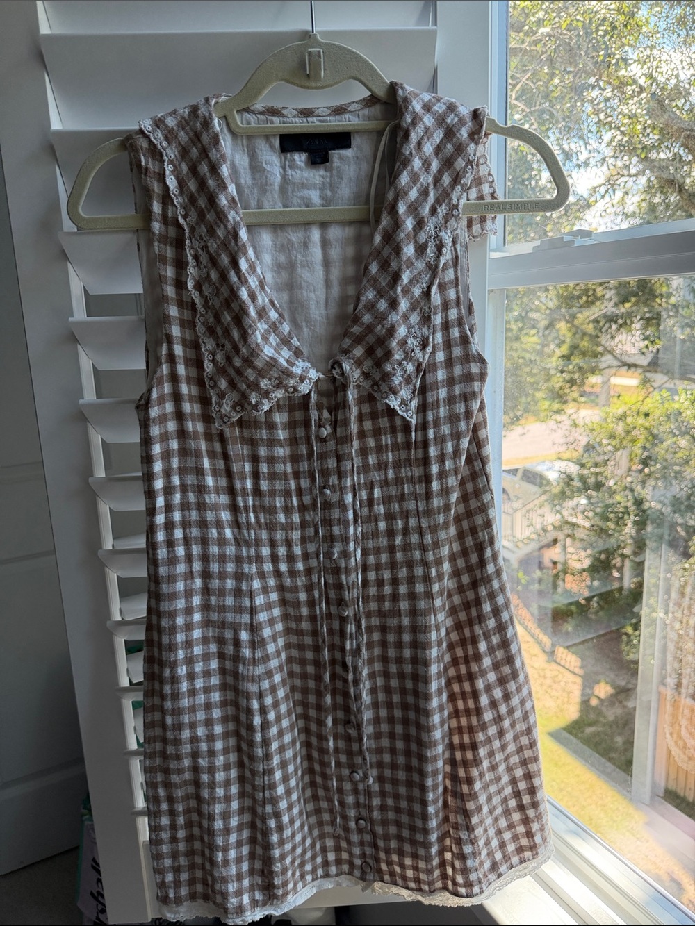 Sleeveless Brown Gingham Button-Front Dress
